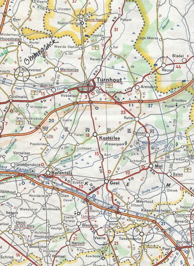 Detailkaart van de Belgische Kempen waarop de plaatsen zijn aangegeven waar voorouders vandaan komen.