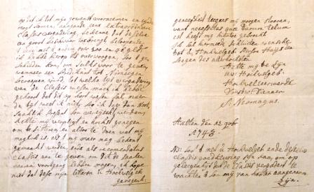 Deel van de brief van Samuel Neomagus aan de vrijheer van Oijen waarin hij diens bemiddeling vraagt om te worden benoemd tot predikant van Oijen. Geschreven in Aalten, 1743.