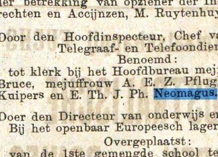 Het bericht van de benoeming van Bertus in Indië. Hij is er op 7 december 1912 met het stoomschip Oranje vanuit Amsterdam heengegaan, zoals de passagierslijst in Het Nieuws van de Dag editie Nederlands-Indië vermeldt.