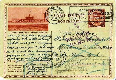 Kaart van Victor aan een vriend in New York, teruggestuurd naar Antwerpen.