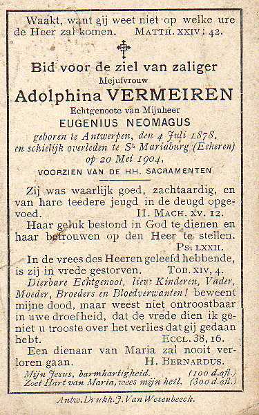 Bidprentje van Adolphina Vermeiren, de moeder van Julia.